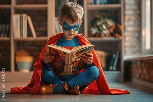 Little boy with super hero costume reading book seated on floor. Kid with super power overcomes learning difficulties photo