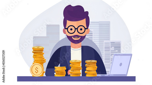Illustration of a man at a desk dealing with business finance money, professional wealth investment entrepreneur workplace
