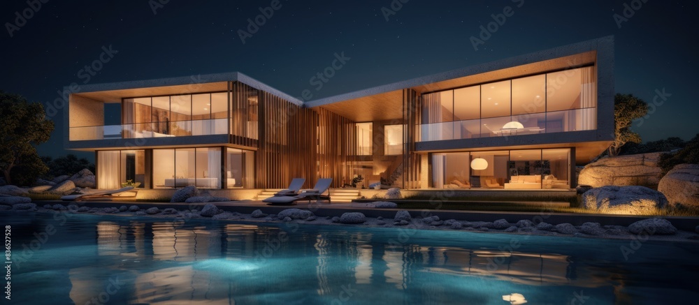 Modern villa with swimming pool, at night Modern villa with swimming pool, at night