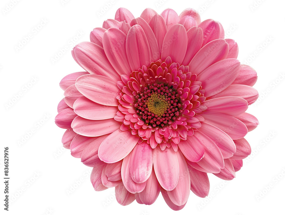 Close-up of a vibrant pink gerbera daisy flower in full bloom against a white background, showcasing delicate petals and lush color.