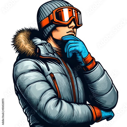 a contemplative moment of a skier dressed in a modern winter jacket and goggles, his chin resting thoughtfully on his glove-covered hand
