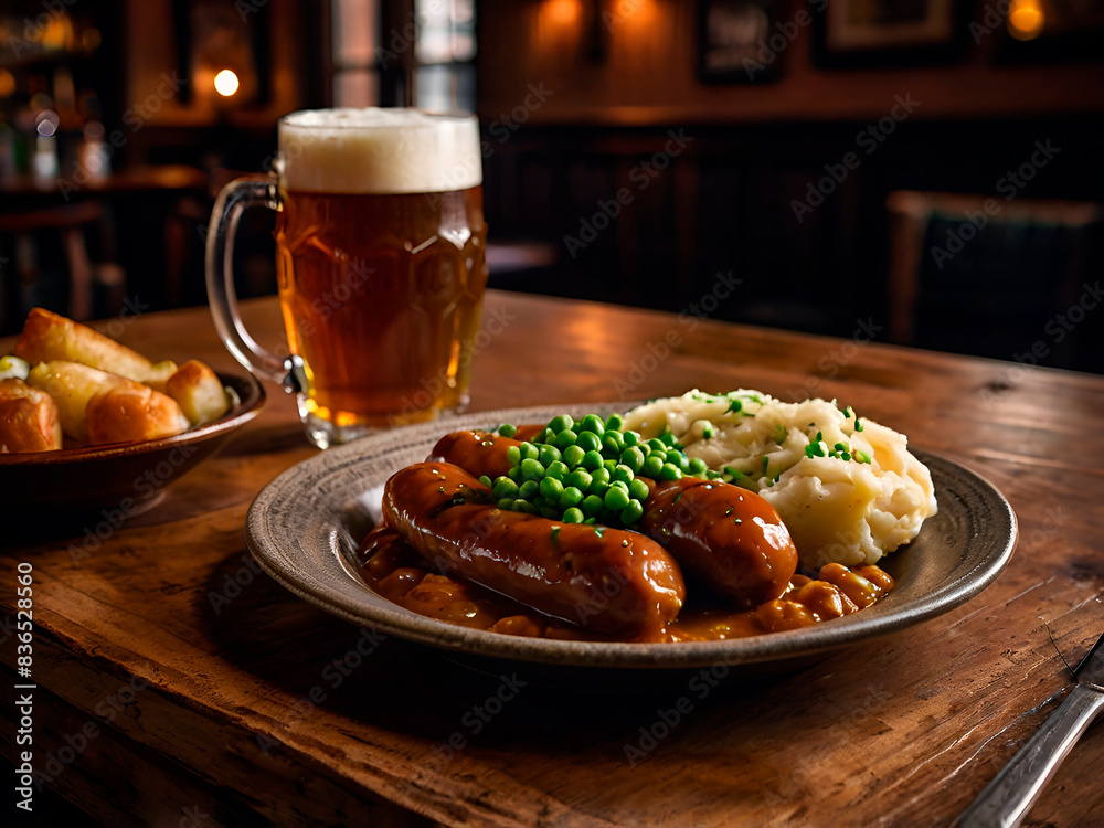 British Bangers and Mash in a Cozy Pub: a hearty plate of bangers and mash with rich onion gravy, peas, and a pint of ale in a cozy British pub.