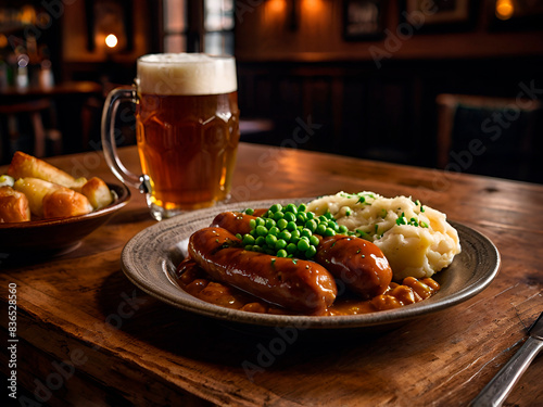 British Bangers and Mash in a Cozy Pub: a hearty plate of bangers and mash with rich onion gravy, peas, and a pint of ale in a cozy British pub. photo