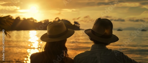 A hat-adorned woman and man sweetheart overlook a calm sea in a lush tropical setting. The wide shot captures the serene vibe, bathed in the warm glow of golden hour light. © Sittipol 