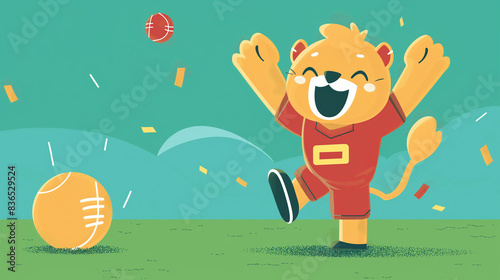 A flat design of a sports team's mascot cheering from the sidelines, highlighting the mascot's role in boosting team spirit, sports mascot, flat design, with copy space, inscriptio