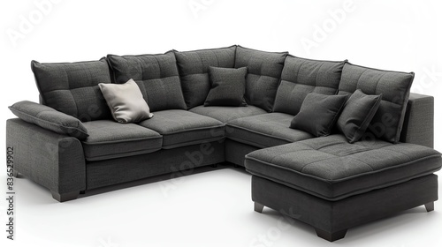 Modern sectional sofa, dark grey upholstery, isolated white background