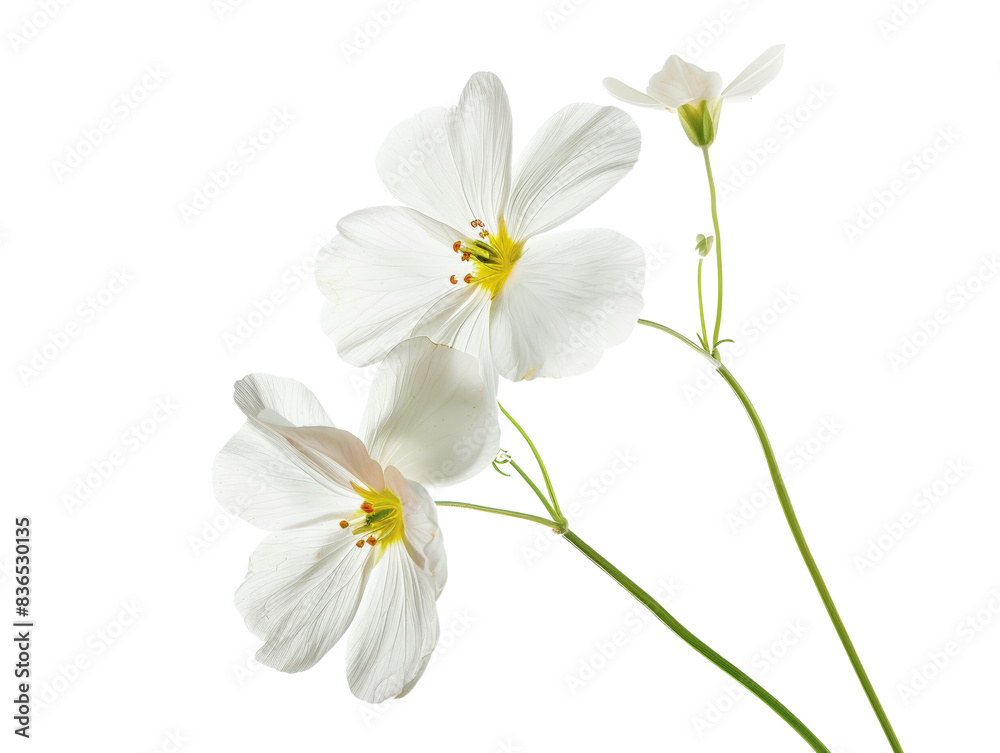 Elegant white flowers with delicate petals and green stems isolated on a white background, perfect for natural and botanical designs. Elegant white flowers with delicate petals and green stems isolated on a white background, perfect for natural and botanical designs.