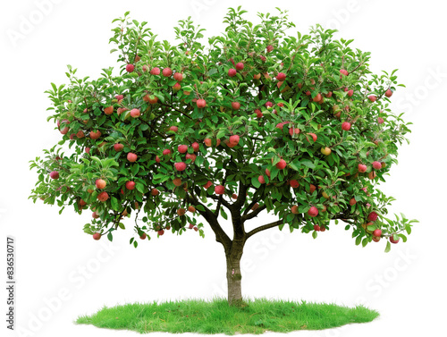 Vibrant, lush apple tree full of ripe, red apples, standing alone on grass. Perfect for orchards, gardens, nature, and harvest themes. photo