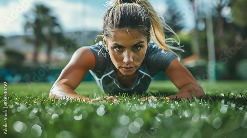 Determined woman doing a plank exercise outdoors. photo