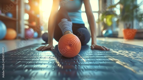 Close-up of a foam roller with a runner in the background. photo