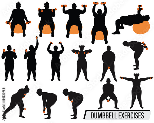 16 plus size silhouettes cutout vector illustrations doing various weight and core exercises isolated on white background. Dumbbell fitness exercises for weight loss, muscle building and well-being. 