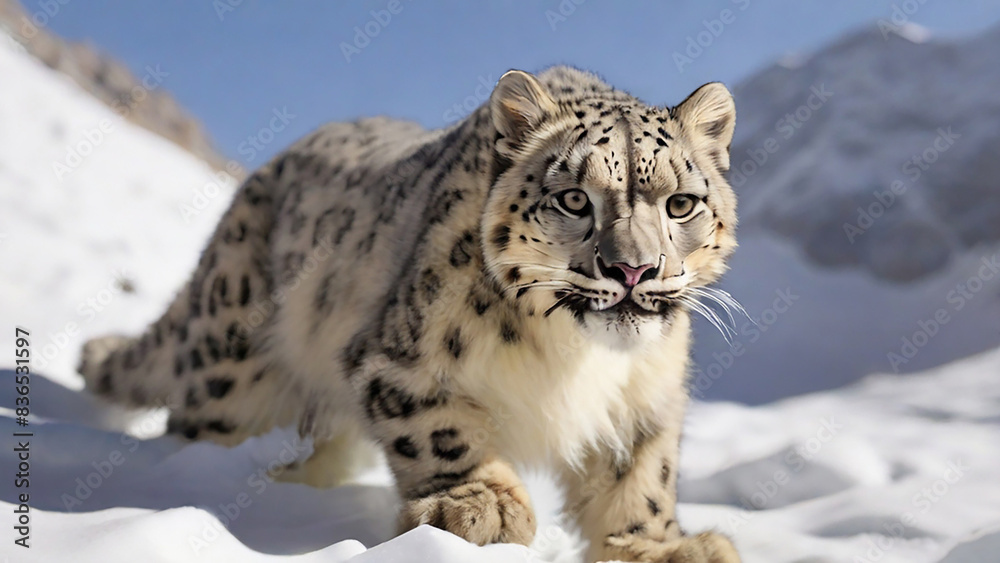 Obraz premium Painting of a leopard standing on a rock in front of a mountain ai generative photo