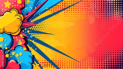 Vibrant pop art background with bold colors and geometric patterns, leaving ample space on the left for text. Bright and lively, featuring comic-style elements and halftone dots photo