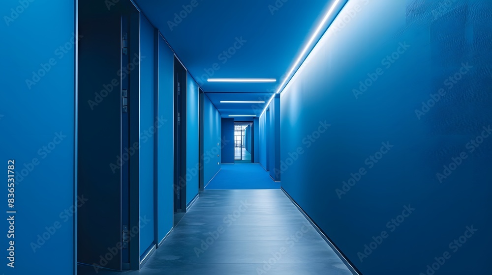 blue corridor in building, modern office room blue corridor in building, modern office room