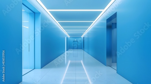 blue corridor in building, modern office room