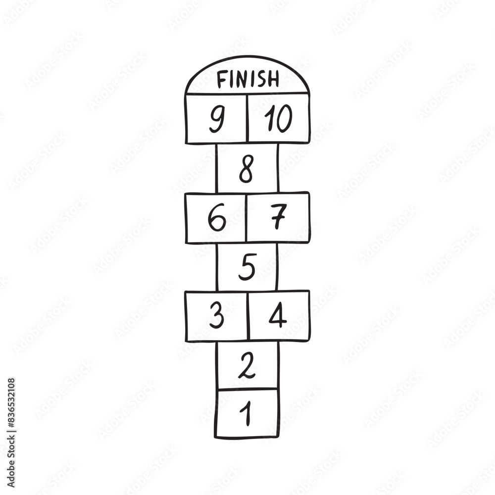 Hopscotch kid activity doodle outline game icon. Hopscotch with black numbers. Outdoor summer game. Hand drawn vector isolated game. Hopscotch kid activity doodle outline game icon. Hopscotch with black numbers. Outdoor summer game. Hand drawn vector isolated game.