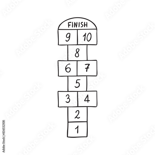 Hopscotch kid activity doodle outline game icon. Hopscotch with black numbers. Outdoor summer game. Hand drawn vector isolated game.