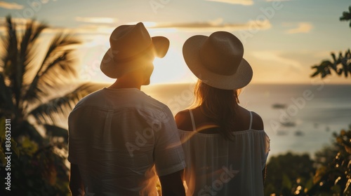 A hat-adorned woman and man sweetheart overlook a calm sea in a lush tropical setting. The wide shot captures the serene vibe  bathed in the warm glow of golden hour light.