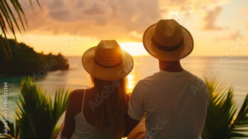 A hat-adorned woman and man sweetheart overlook a calm sea in a lush tropical setting. The wide shot captures the serene vibe, bathed in the warm glow of golden hour light.