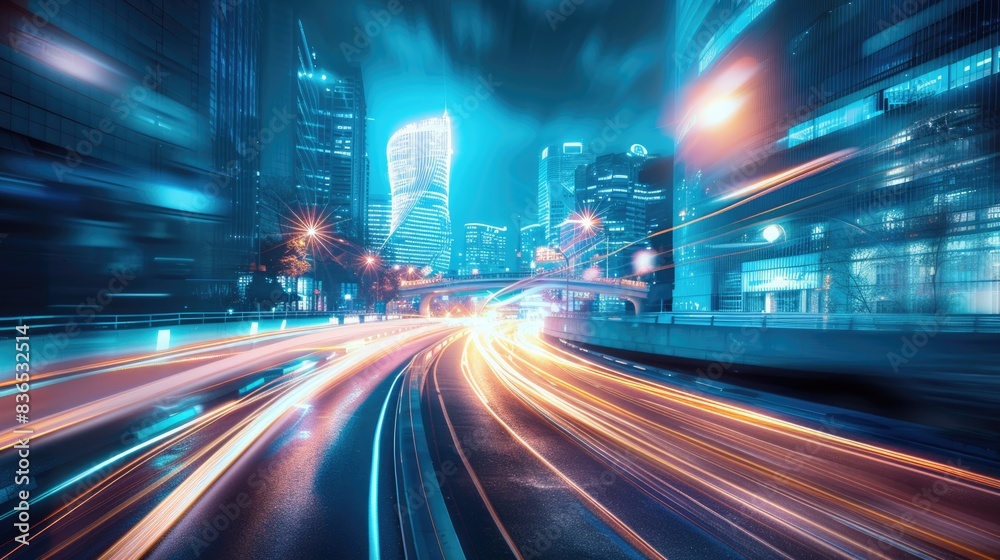 Smart digital city with high speed light trail of cars of digital data transfer Smart digital city with high speed light trail of cars of digital data transfer