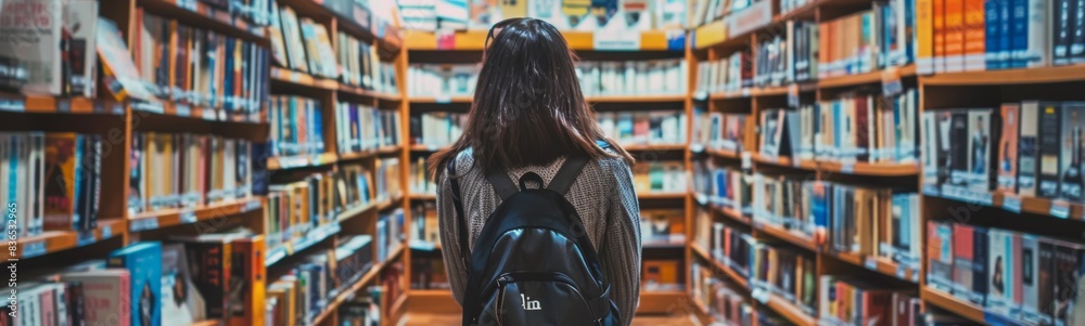 Woman standing in a library with a backpack Woman standing in a library with a backpack