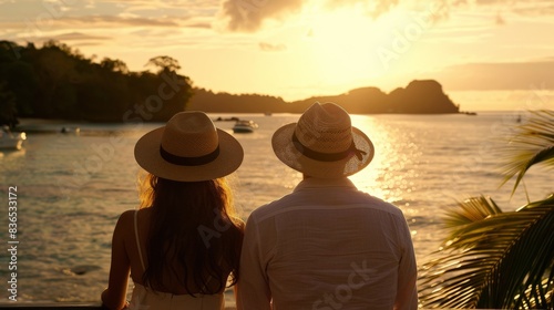 A hat-adorned woman and man sweetheart overlook a calm sea in a lush tropical setting. The wide shot captures the serene vibe  bathed in the warm glow of golden hour light.