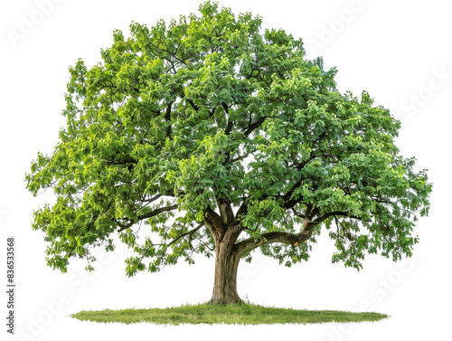 Majestic green oak tree with a wide canopy and lush foliage, isolated on a white background. Perfect for nature and botanical themes.