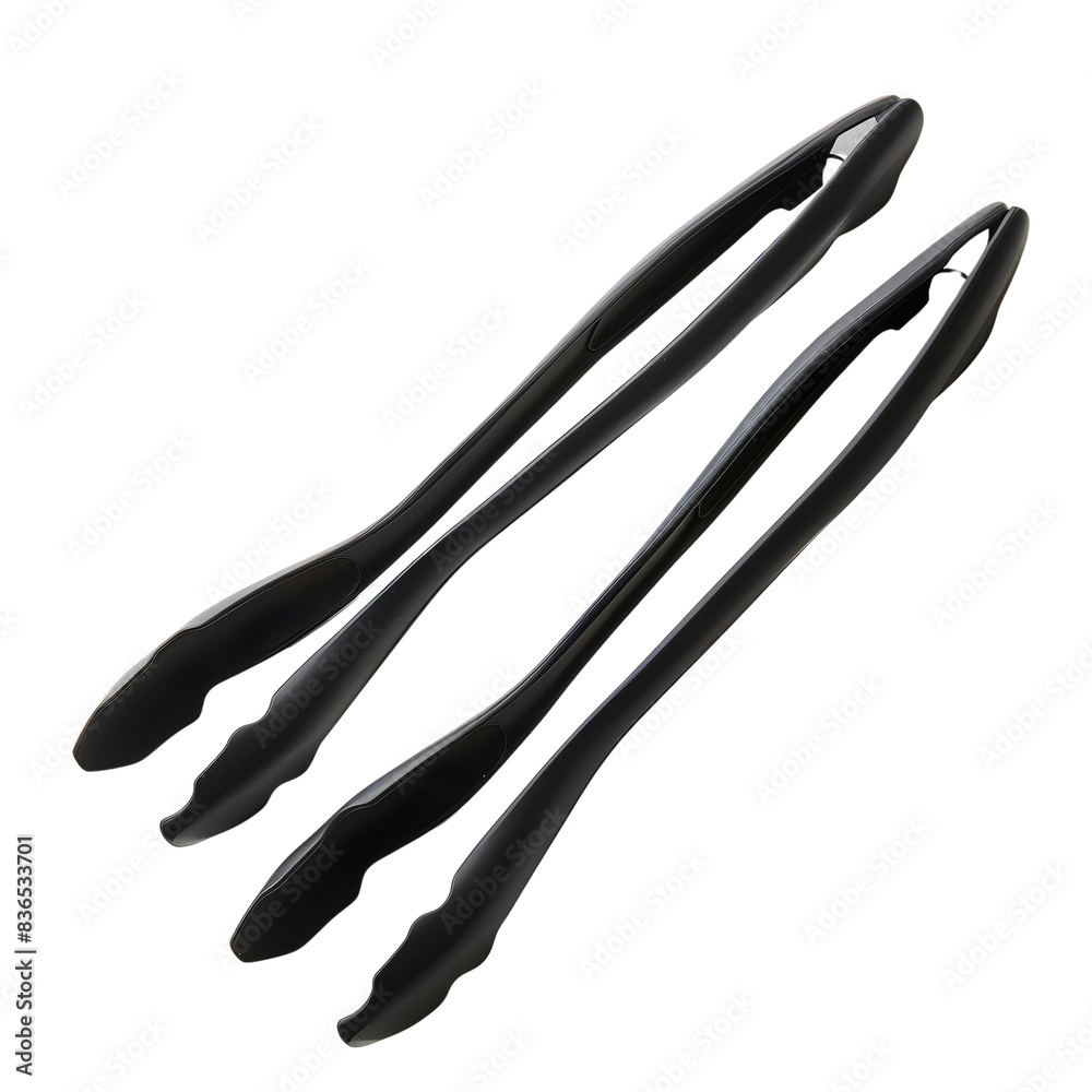 Obraz premium Set of three black plastic tong, perfect for kitchen and cooking utensil concepts.