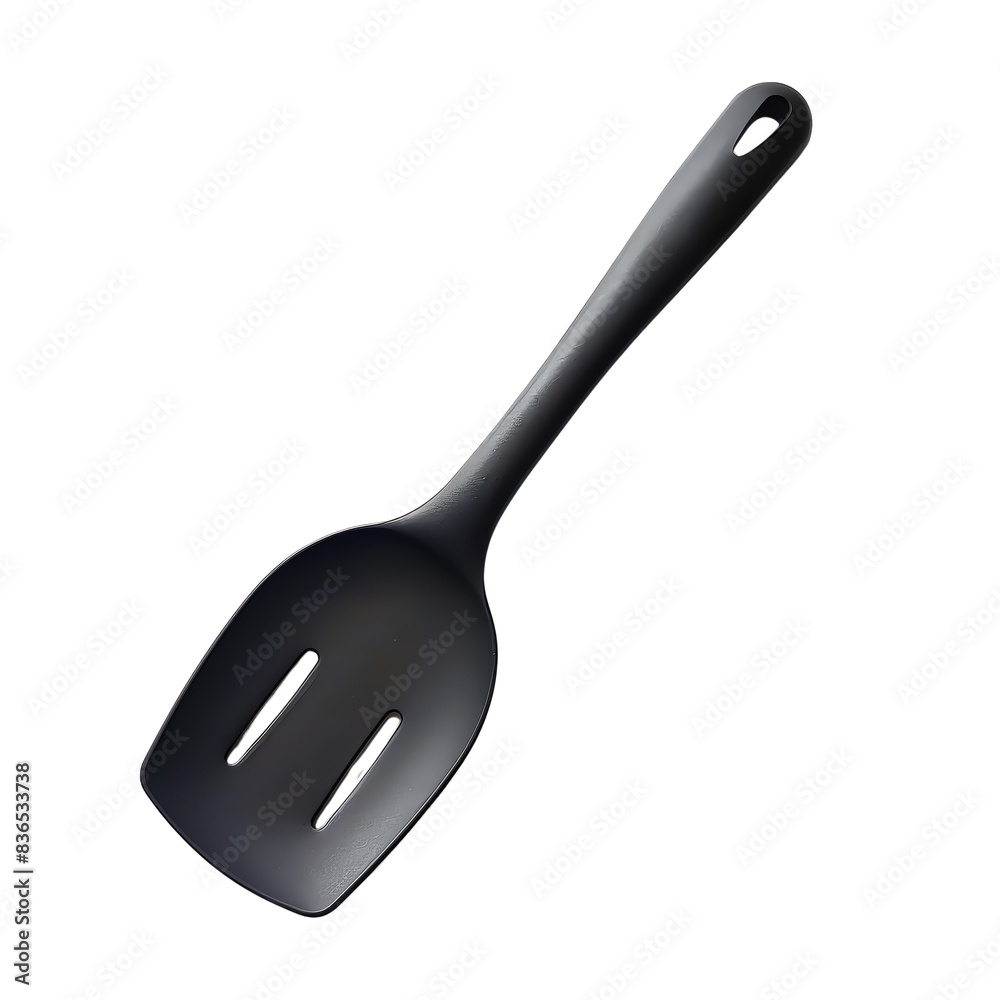 A black slotted spatula, perfect for cooking or baking needs in a modern kitchen, transparent background, PNG A black slotted spatula, perfect for cooking or baking needs in a modern kitchen, transparent background, PNG