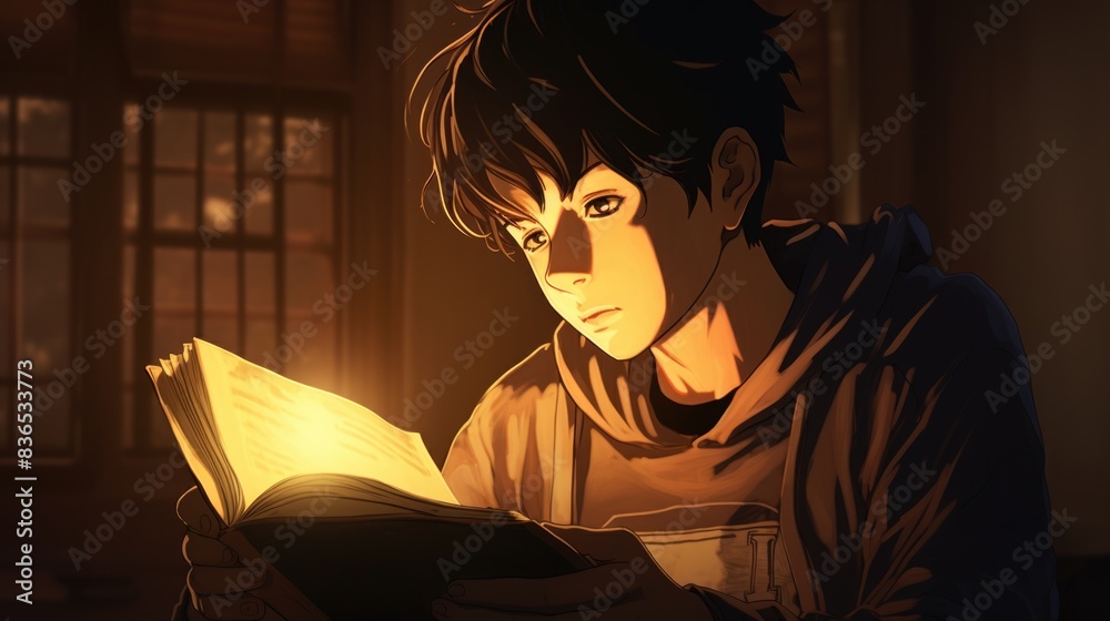 llustration of happy boy reading a book. Japanese anime or manga style illustration of a teenager reading a novel. Drawing with lights and shadows. Handsome guy llustration of happy boy reading a book. Japanese anime or manga style illustration of a teenager reading a novel. Drawing with lights and shadows. Handsome guy