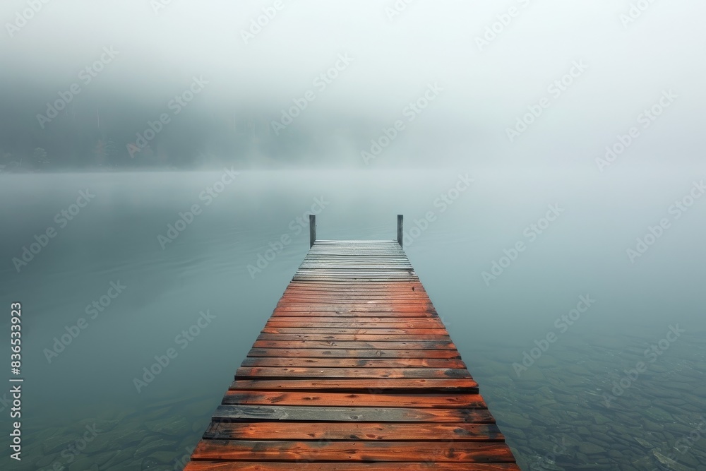 Fototapeta premium A solitary wooden pier stretches into a calm lake, its end disappearing into the fog that obscures the horizon, creating a tranquil and mysterious scene.