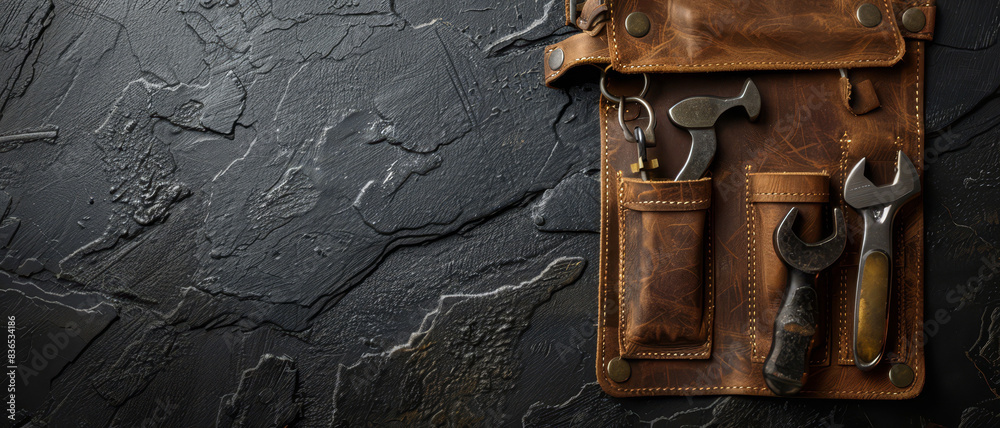 Tool belt with tools on plain surface, space for text, Tool belt with tools on plain surface, space for text,