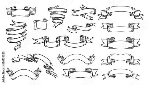 Hand drawn ribbons vintage set. Doodle style black color sketch. Isolated elements.