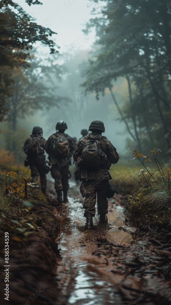 Soldiers navigate a muddy forest path shrouded in fog, with towering trees looming in the blurred background, evoking an atmosphere of tension and uncertainty.


