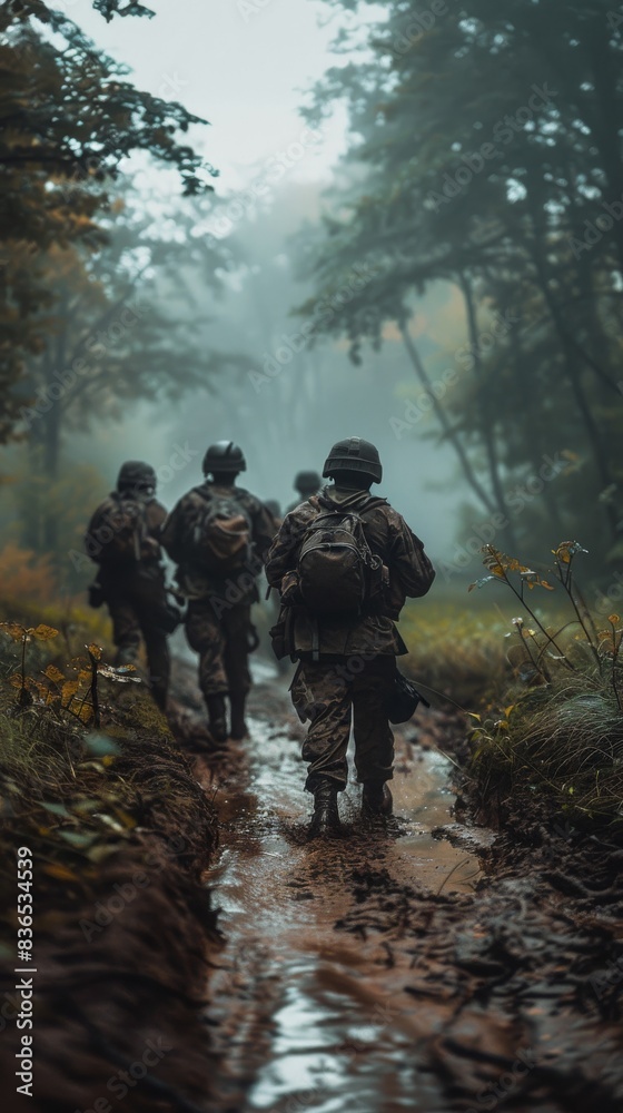 Soldiers navigate a muddy forest path shrouded in fog, with towering trees looming in the blurred background, evoking an atmosphere of tension and uncertainty.
Soldiers navigate a muddy forest path shrouded in fog, with towering trees looming in the blurred background, evoking an atmosphere of tension and uncertainty.