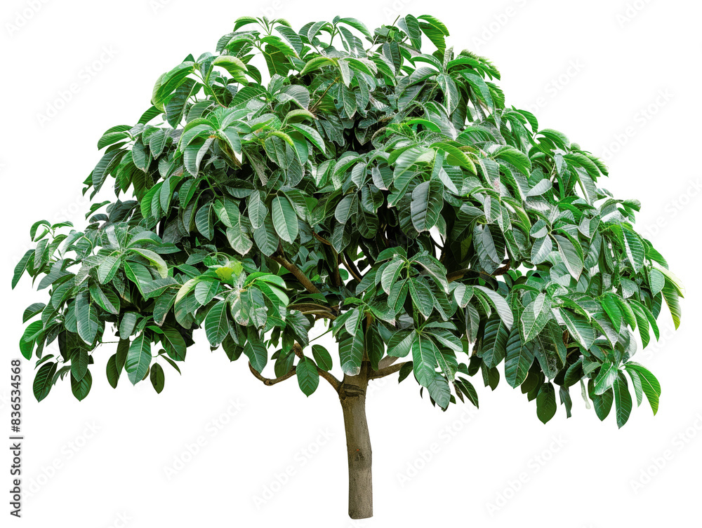Obraz premium Lush green tree with dense foliage and sturdy trunk, isolated on white background. Ideal for nature, environment, and botanical themes.