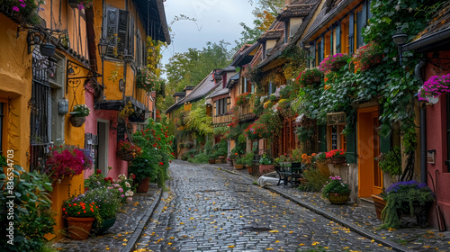 Historic European Street: Charming Cobblestone Alley with Cafes