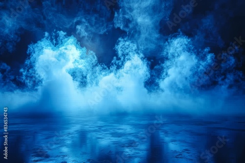 The image captures smoke and magical haze clouds  accompanied by blue glowing steam in a nightclub perspective view. In the background  fog or mist spreads over a dark water surface  creating a myster