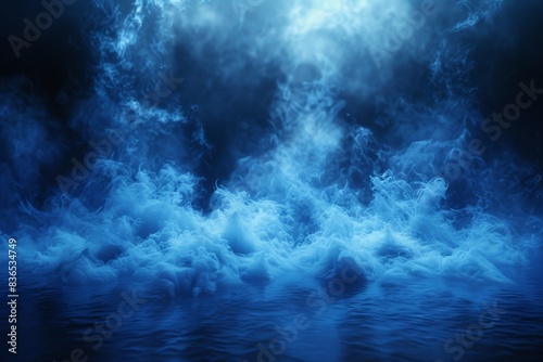 The image captures smoke and magical haze clouds, accompanied by blue glowing steam in a nightclub perspective view. In the background, fog or mist spreads over a dark water surface, creating a myster