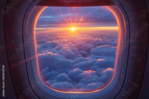 The sun sets over clouds as viewed from an airplane window en route to the nearest island, creating a picturesque scene.