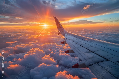 The sun sets over clouds as viewed from an airplane window en route to the nearest island, creating a picturesque scene.






 photo