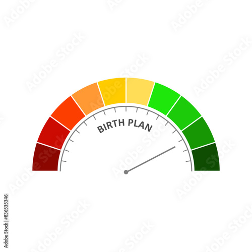 Meter scale with arrow. Pregnancy and birth planning measuring device icon. Sign tachometer, speedometer, indicator. Illustration in flat style. Infographic gauge element. Birth control concept.