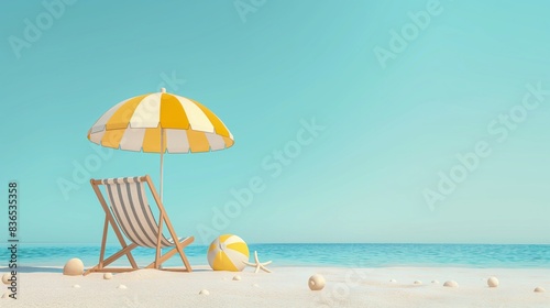Beach Chair  Yellow Umbrella and Ball  Summer holiday  Time to travel concept