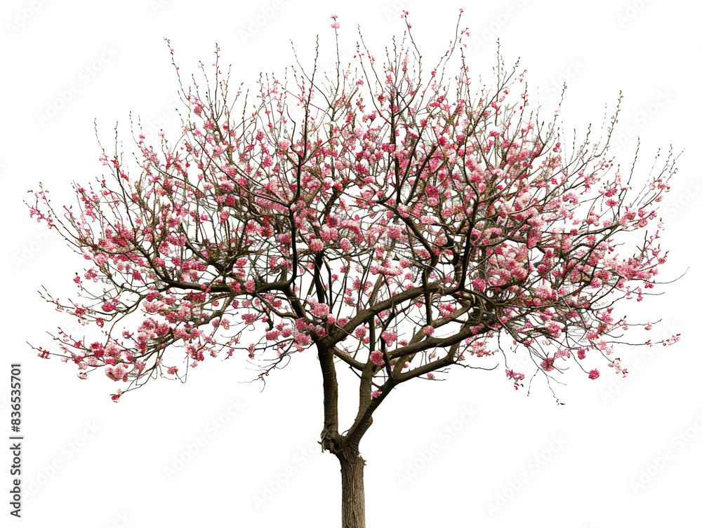 Obraz premium Beautiful blossoming tree with pink flowers against a clear sky, symbolizing spring and nature's renewal.