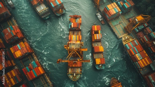 Aerial view of cargo ships and colorful containers in a bustling port, showcasing industrial activity and maritime logistics.