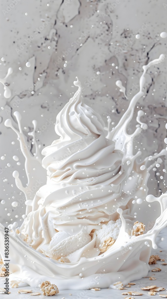 Fototapeta premium An ice cream sundae made of white chocolate, vanilla ice cream and vanilla wafer, splashing with milk in the air, ice cubes, granola pieces,