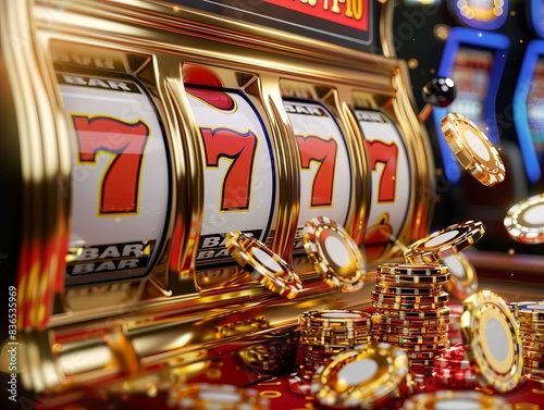 Realistic 3D depiction of a shiny slot machine with gold accents, displaying a winning combination, and piles of coins spilling out, symbolizing success and fortune in a casino setting.