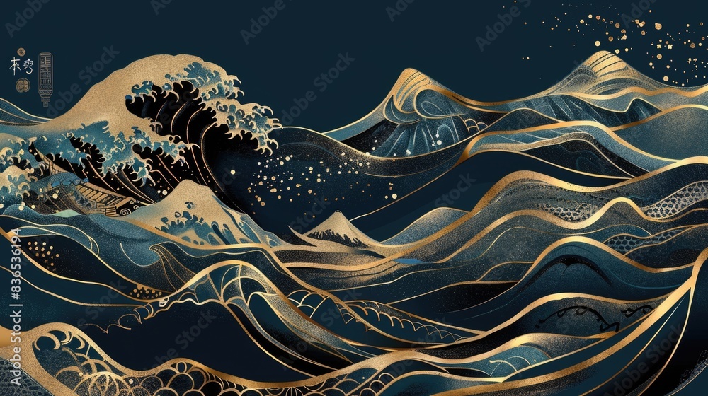 Fototapeta premium Luxury Blue and Gold Japanese Wave Illustration - Hand Drawn