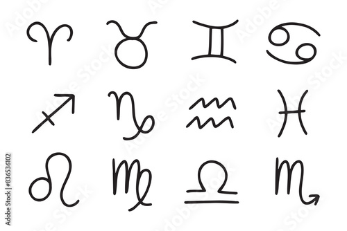 Hand drawn zodiac signs. Doodle Esoteric symbol set. Astrology clipart design Elements 