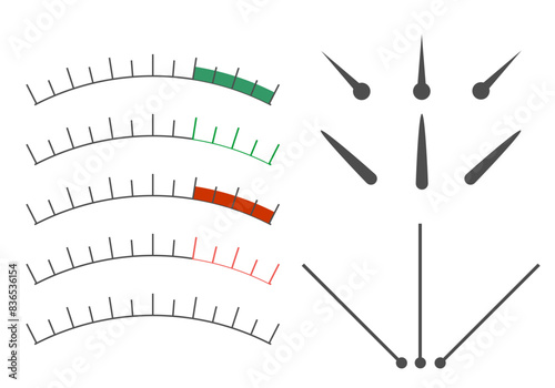 Meter scales with arrows. The measuring device icons set. Sign tachometer, speedometer, indicators. Illustration in flat style. Infographic gauge elements